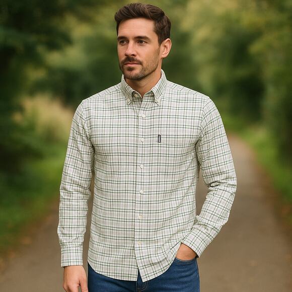 Barbour SZ M Tattersall 19 Tailored Fit White Green Check Button-Down Shirt - Picture 1 of 5